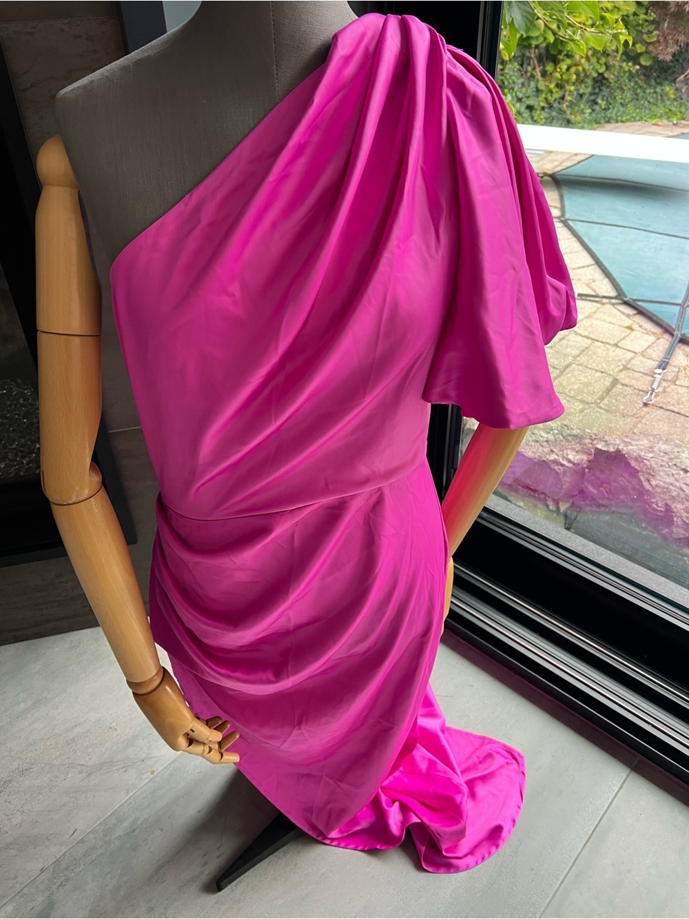 Boohoo One-Shoulder Hot Pink Draped Evening Gown - Picture 4 of 9